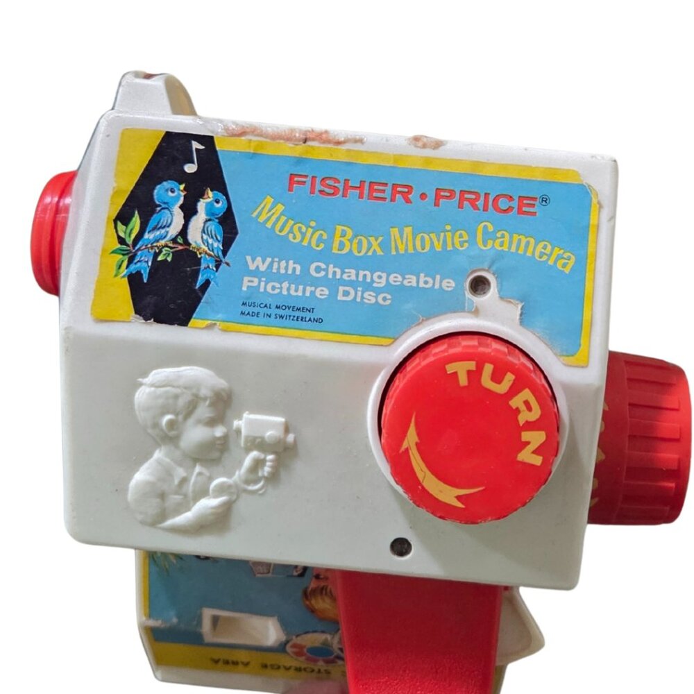 Vintage 1968 Fisher Price Music Box Movie Camera Photo Story Viewer Disc Animals